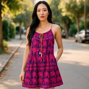 Women’s Elephant Print Sleeveless Dress Fuchsia Black Elastic Waist Size M NWOT